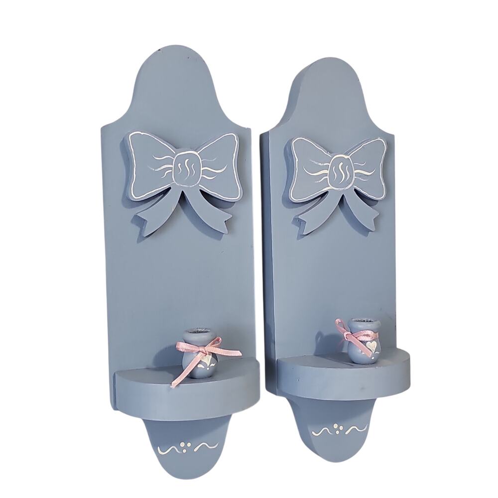 Set Two Vintage Blue Wooden Wall Sconce Candle Holders Cottagecore Coquette
